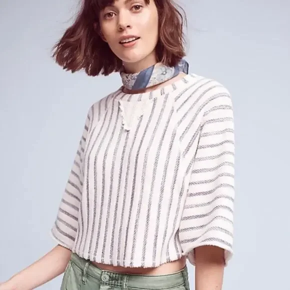 Anthropologie Dolan Coastal Stripes Cropped Pullover Top size Small - Picture 2 of 13